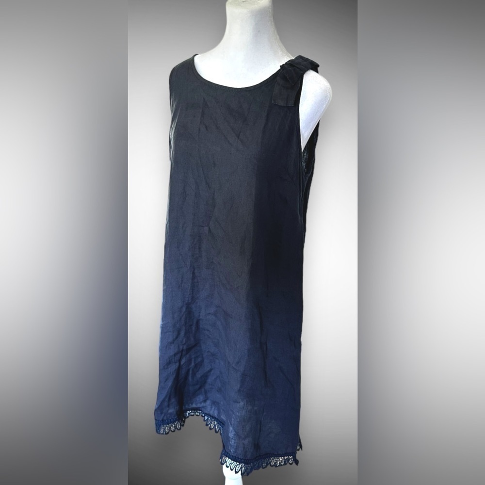 Bellambia Dress 100% Linen Navy Blue Crochet Trim Made In Italy Beach Bo…